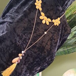 Loft Gold and Yellow Summer Floral Bib &tassel 34 & 18 In Long Necklaces 2